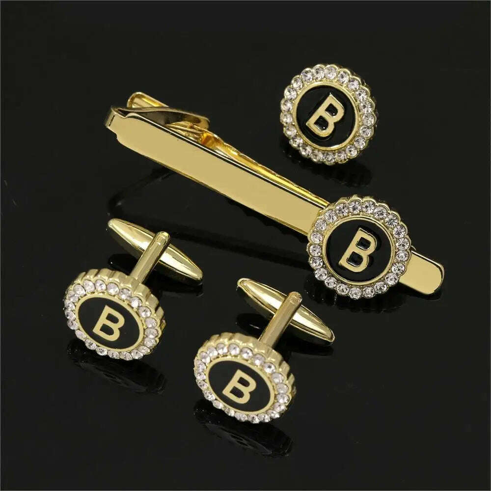 KIMLUD, 1 Set Of A-B-Z Letters Capital Initial Cufflinks And Tie Clip Jewelry Mens Crystal Round Cuff Links Father's Day Birthday Gift, B / CHINA, KIMLUD APPAREL - Womens Clothes