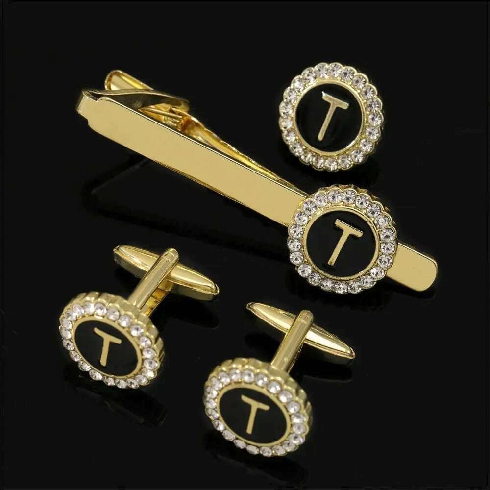 KIMLUD, 1 Set Of A-B-Z Letters Capital Initial Cufflinks And Tie Clip Jewelry Mens Crystal Round Cuff Links Father's Day Birthday Gift, T / CHINA, KIMLUD APPAREL - Womens Clothes