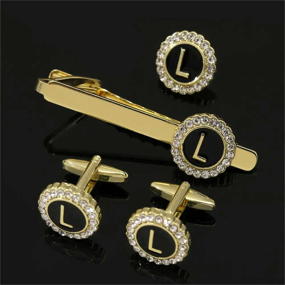 KIMLUD, 1 Set Of A-B-Z Letters Capital Initial Cufflinks And Tie Clip Jewelry Mens Crystal Round Cuff Links Father's Day Birthday Gift, L / CHINA, KIMLUD APPAREL - Womens Clothes