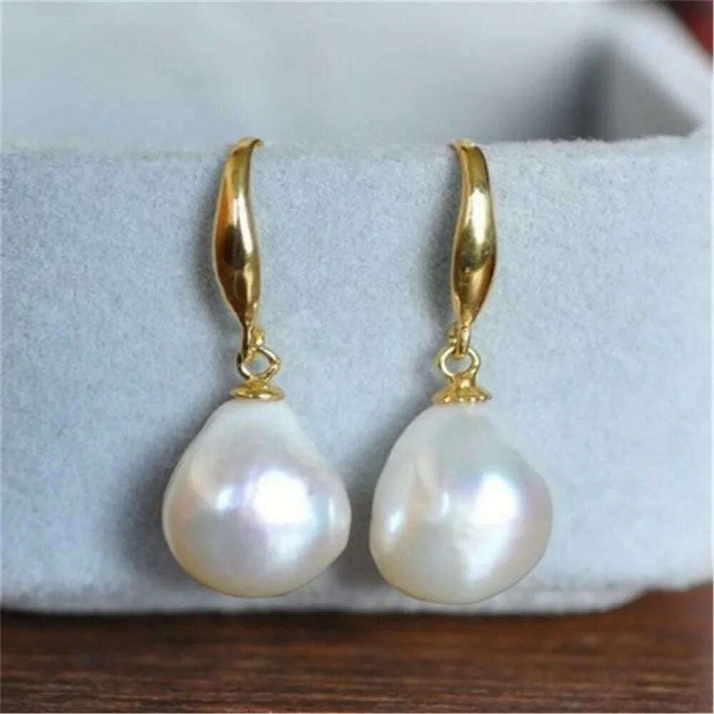 KIMLUD, 10-12mm Natural White Baroque Pearl Earrings 18K Dangle Hook wedding cultured teardrop, KIMLUD Womens Clothes