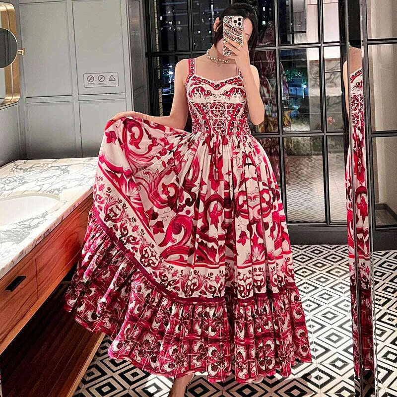 100% Cotton Red Blue And White Porcelain Printed Mid-Length Poplin Dress For Women'S Fashion Holiday Party Spring Summer 2023 - KIMLUD