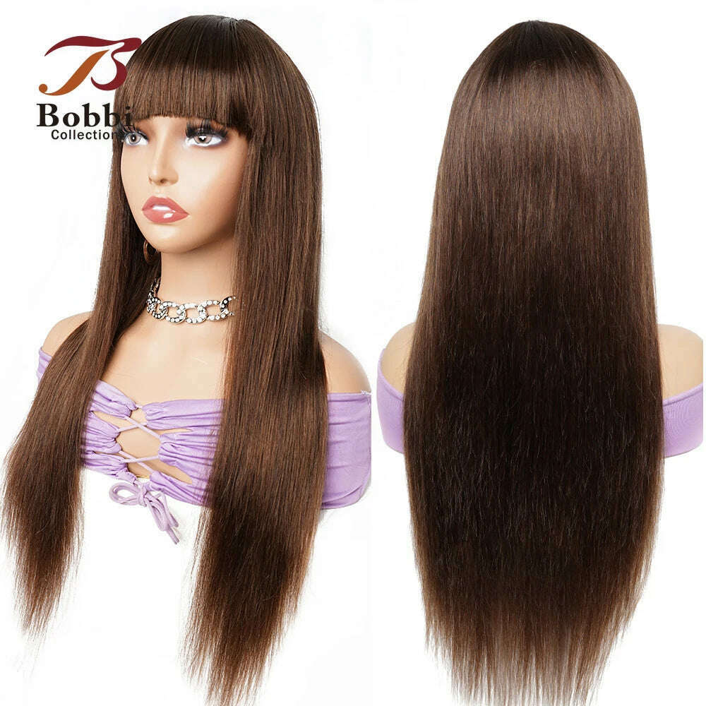 KIMLUD, 100% Human Hair Wigs Full Wig with Bang Brown Natural Black Color Long Straight Machine Made Wig with Fringe Bobbi Collection, KIMLUD Womens Clothes