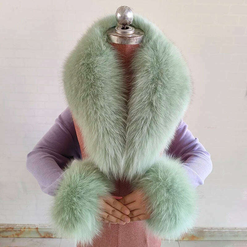 KIMLUD, 100% Natural Fox Fur Scarf And Cuff Set Women Winter Jacket Fur Collar Authentic Neck Scarves Luxury Fox Fur Warm Neck Warmers, Pea green / Scarf 80 cuff 13cm, KIMLUD APPAREL - Womens Clothes