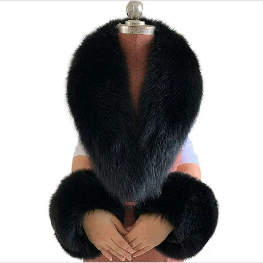 KIMLUD, 100% Natural Fox Fur Scarf And Cuff Set Women Winter Jacket Fur Collar Authentic Neck Scarves Luxury Fox Fur Warm Neck Warmers, Black / Scarf 120 cuff 13cm, KIMLUD APPAREL - Womens Clothes