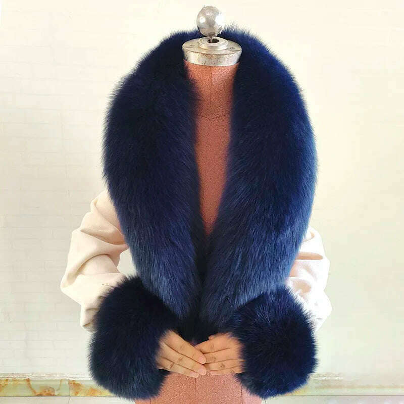 KIMLUD, 100% Natural Fox Fur Scarf And Cuff Set Women Winter Jacket Fur Collar Authentic Neck Scarves Luxury Fox Fur Warm Neck Warmers, Dark blue / Scarf 120 cuff 13cm, KIMLUD APPAREL - Womens Clothes