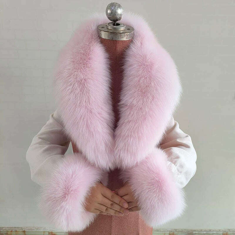 KIMLUD, 100% Natural Fox Fur Scarf And Cuff Set Women Winter Jacket Fur Collar Authentic Neck Scarves Luxury Fox Fur Warm Neck Warmers, Pink / Scarf 110 cuff 13cm, KIMLUD APPAREL - Womens Clothes