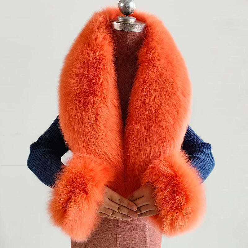 KIMLUD, 100% Natural Fox Fur Scarf And Cuff Set Women Winter Jacket Fur Collar Authentic Neck Scarves Luxury Fox Fur Warm Neck Warmers, Orange red / Scarf 110 cuff 13cm, KIMLUD APPAREL - Womens Clothes