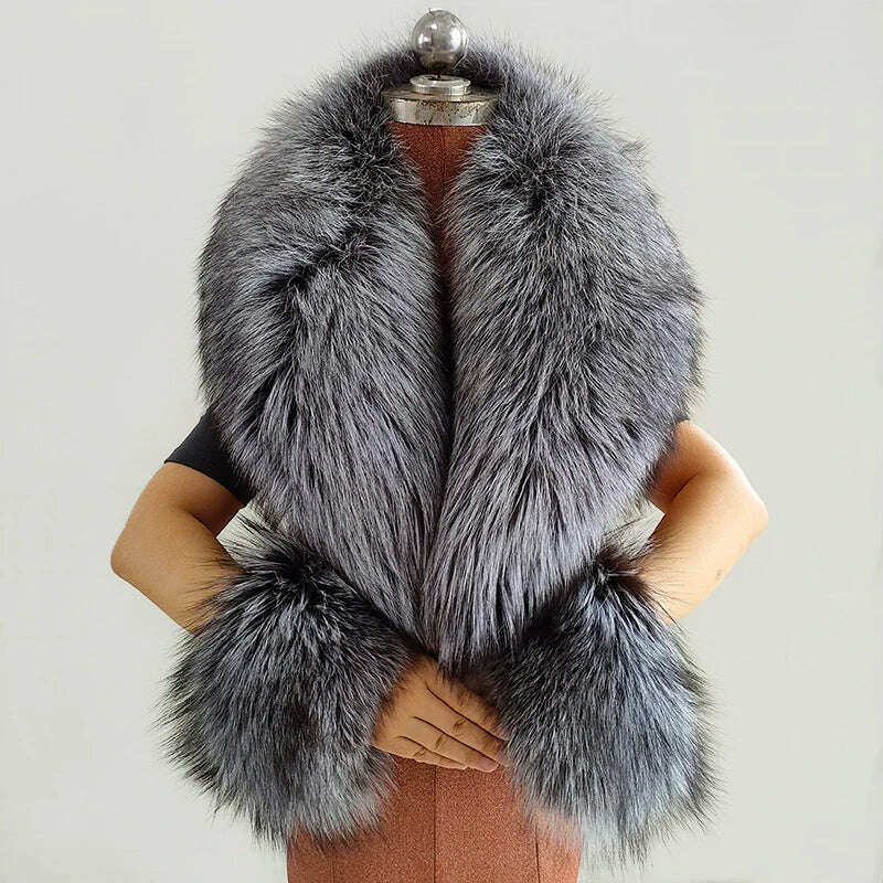 KIMLUD, 100% Natural Fox Fur Scarf And Cuff Set Women Winter Jacket Fur Collar Authentic Neck Scarves Luxury Fox Fur Warm Neck Warmers, Silver fox / Scarf 110 cuff 13cm, KIMLUD APPAREL - Womens Clothes