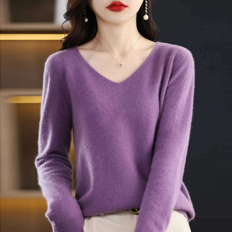 KIMLUD, 100% pure wool 2024 autumn and winter new cashmere sweater women's V-neck pullover fashion solid color long sleeve pullover, KIMLUD Womens Clothes