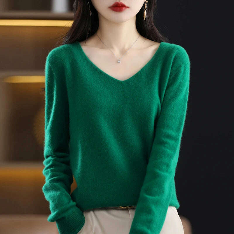 KIMLUD, 100% pure wool 2024 autumn and winter new cashmere sweater women's V-neck pullover fashion solid color long sleeve pullover, green / S 80-95g, KIMLUD APPAREL - Womens Clothes