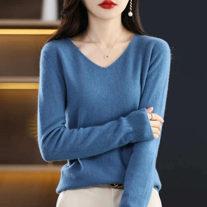 KIMLUD, 100% pure wool 2024 autumn and winter new cashmere sweater women's V-neck pullover fashion solid color long sleeve pullover, Blue / XL  125-135g, KIMLUD APPAREL - Womens Clothes