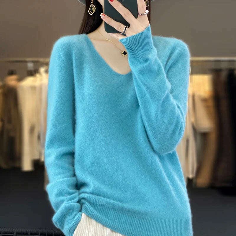 KIMLUD, 100% pure wool 2024 autumn and winter new cashmere sweater women's V-neck pullover fashion solid color long sleeve pullover, Lake Blue / XL  125-135g, KIMLUD APPAREL - Womens Clothes