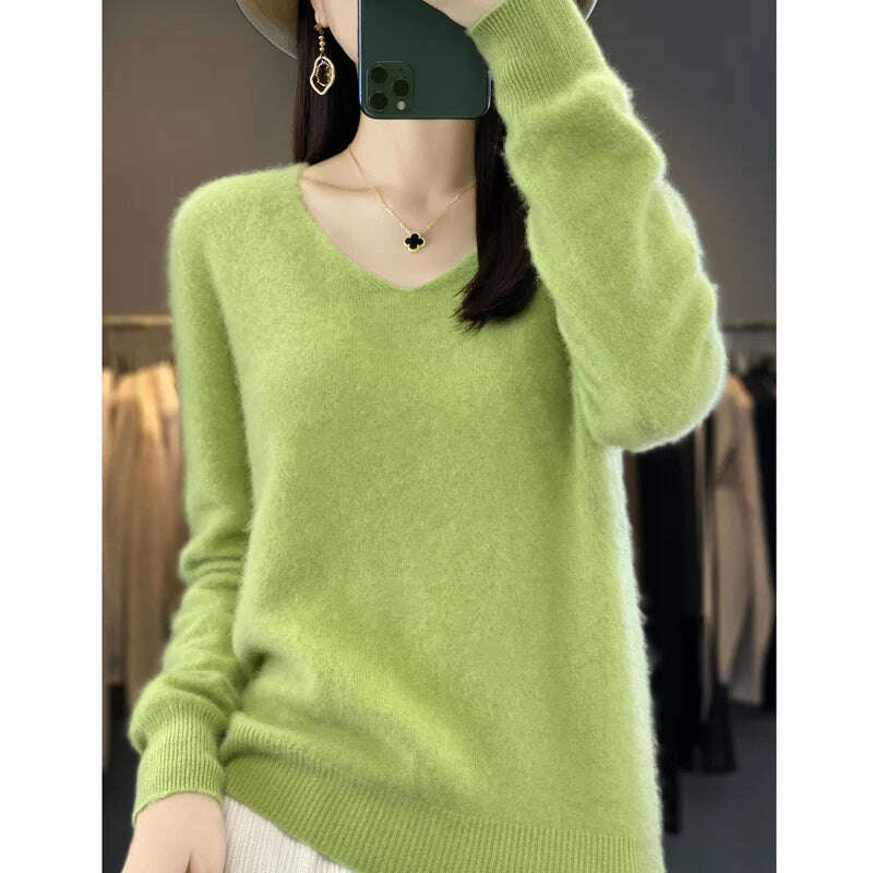 KIMLUD, 100% pure wool 2024 autumn and winter new cashmere sweater women's V-neck pullover fashion solid color long sleeve pullover, light green / XXL 135-150g, KIMLUD APPAREL - Womens Clothes