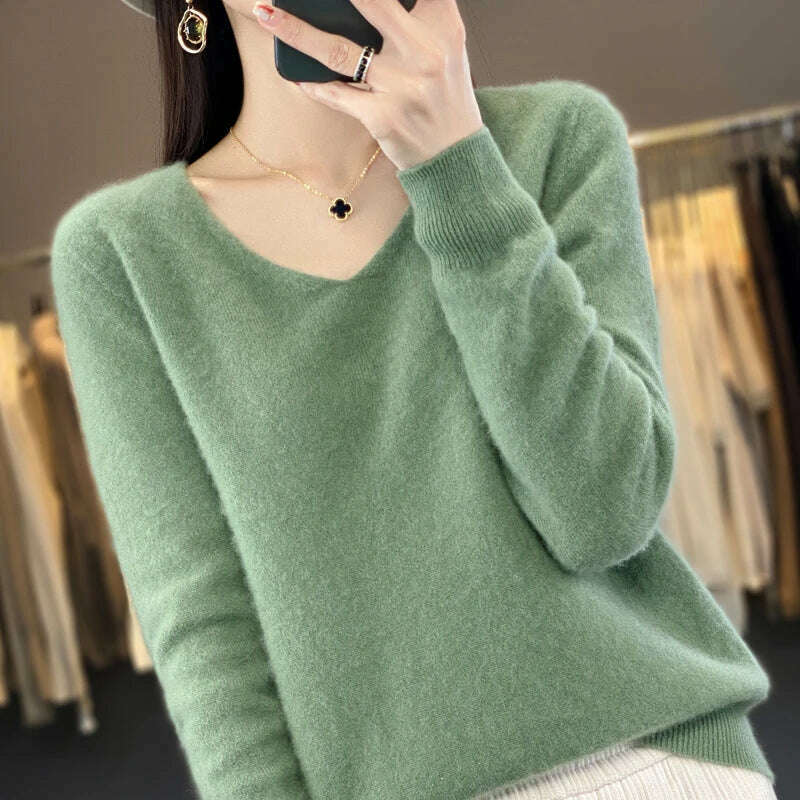 KIMLUD, 100% pure wool 2024 autumn and winter new cashmere sweater women's V-neck pullover fashion solid color long sleeve pullover, Turquoise / XXL 135-150g, KIMLUD APPAREL - Womens Clothes