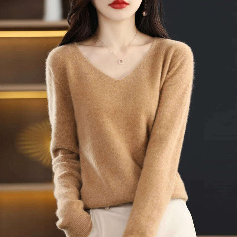 KIMLUD, 100% pure wool 2024 autumn and winter new cashmere sweater women's V-neck pullover fashion solid color long sleeve pullover, Gold / L 110-125g, KIMLUD APPAREL - Womens Clothes