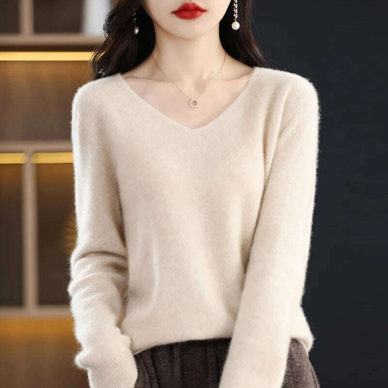 KIMLUD, 100% pure wool 2024 autumn and winter new cashmere sweater women's V-neck pullover fashion solid color long sleeve pullover, Beige / XXL 135-150g, KIMLUD APPAREL - Womens Clothes