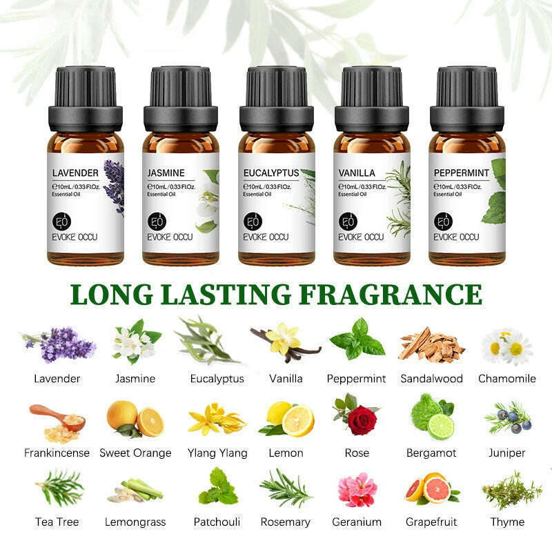 10ML Essential Oils for Diffuser Humidifier Aroma Oil Vanilla Eucalyptus Jasmine Rose Lavender Rosemary Peppermint Tea Tree - KIMLUD