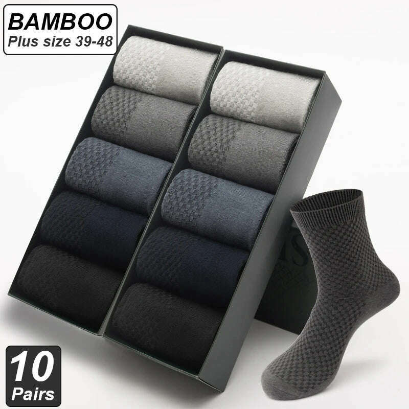 KIMLUD, 10Pairs/Lot Men's Bamboo Fiber Socks Long Black Business Soft Breathable New High Quality  Autumn for Male Socks Plus Size 39-48, KIMLUD Womens Clothes