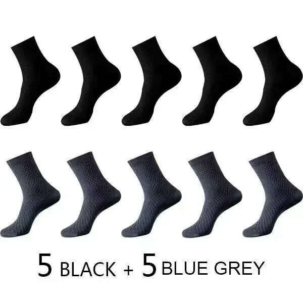 KIMLUD, 10Pairs/Men's Bamboo Fiber Socks Classic Business Office Stockings Breathable Deodorant Feet Men's Dress Socks Plus-size EU39-45, 5Black 5Blue Grey / EU39-45, KIMLUD APPAREL - Womens Clothes