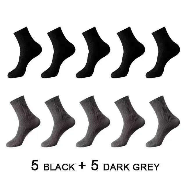 KIMLUD, 10Pairs/Men's Bamboo Fiber Socks Classic Business Office Stockings Breathable Deodorant Feet Men's Dress Socks Plus-size EU39-45, 5Black 5Dark Grey / EU39-45, KIMLUD APPAREL - Womens Clothes