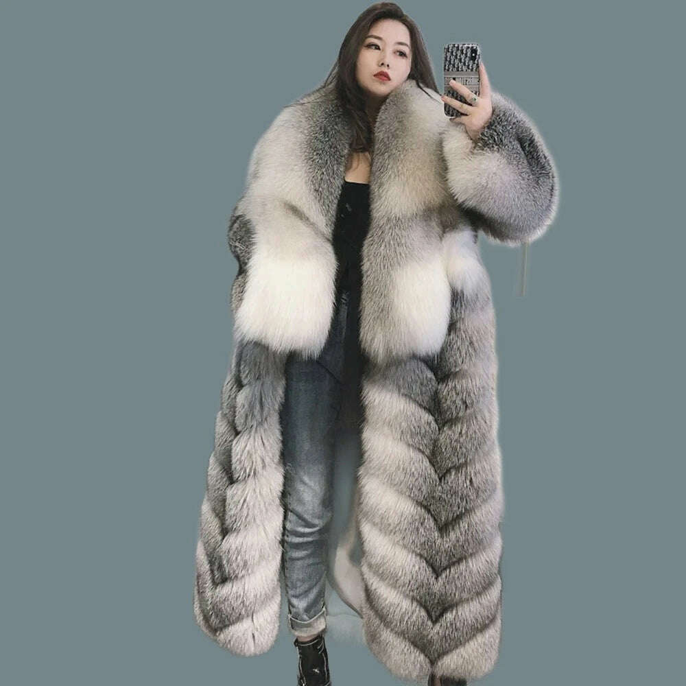 KIMLUD, 110cm Length Natural Fur Coat Genuine Fox Fur Diagonal Stripes Coats With Laper Collar 2023 Winter Fashion Luxurious Women Coat, grey / 2XL Bust 104cm, KIMLUD APPAREL - Womens Clothes