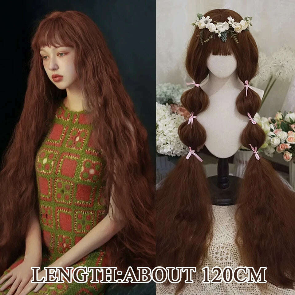 120cm Long Wavy Hair Synthetic Wigs Female Red Brown Coaplay Lolita Wig With Bangs Natural Hair Wigs Women Heat Fesistant Fiber - KIMLUD