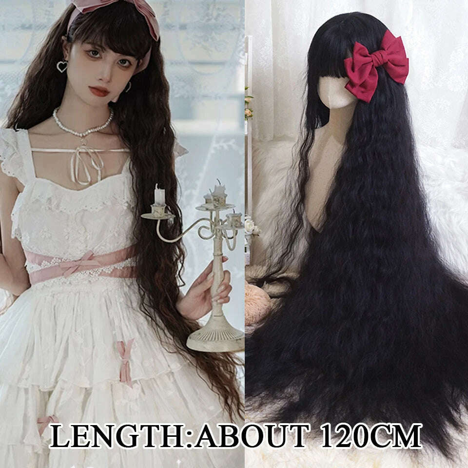 120cm Long Wavy Hair Synthetic Wigs Female Red Brown Coaplay Lolita Wig With Bangs Natural Hair Wigs Women Heat Fesistant Fiber - KIMLUD