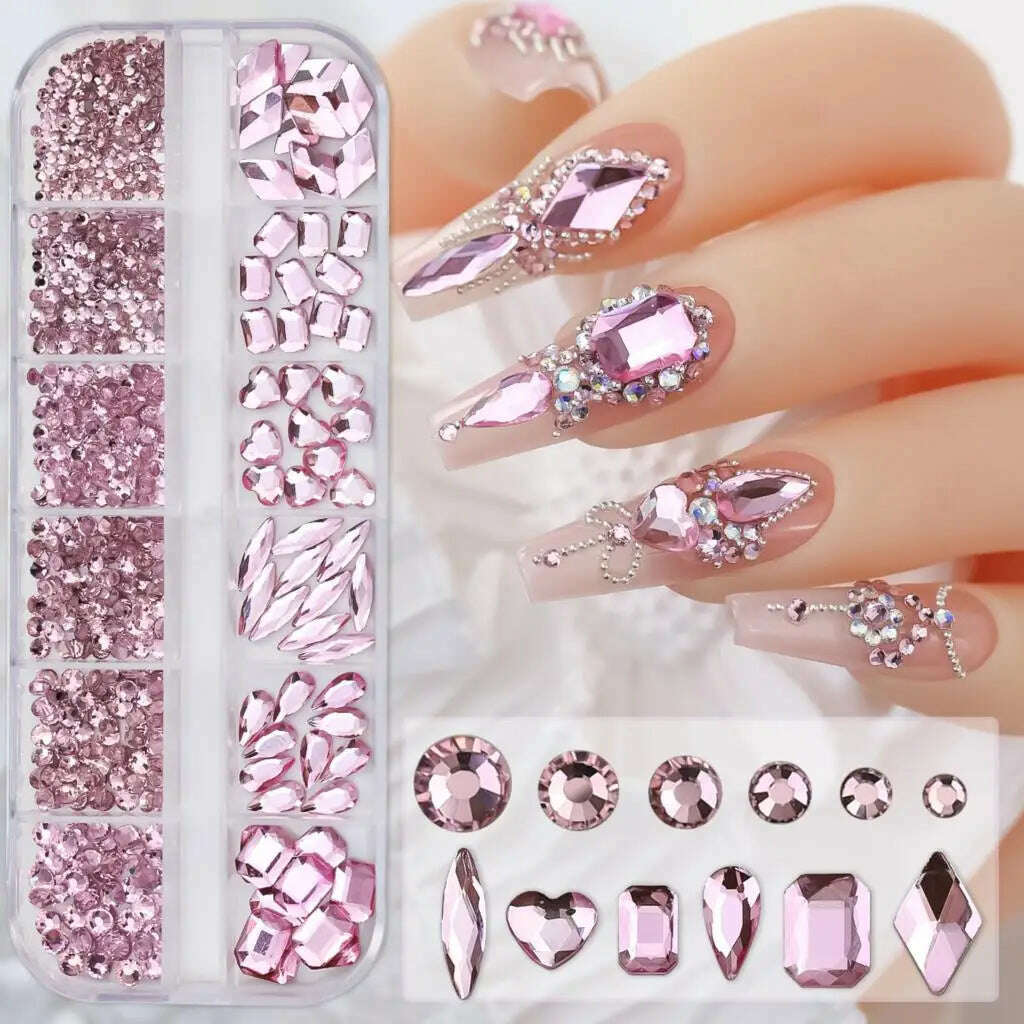 KIMLUD, 12Grids Pink Mixed Nail Rhinestones Luxury Nail Charms Glitter Crystal Jewelry Gems Nail Art Decoration Manicure Rhinestones R#Q, KIMLUD Womens Clothes