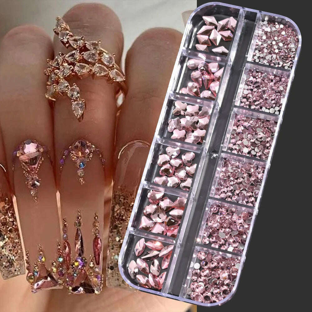 KIMLUD, 12Grids Pink Mixed Nail Rhinestones Luxury Nail Charms Glitter Crystal Jewelry Gems Nail Art Decoration Manicure Rhinestones R#Q, PH140-09, KIMLUD APPAREL - Womens Clothes