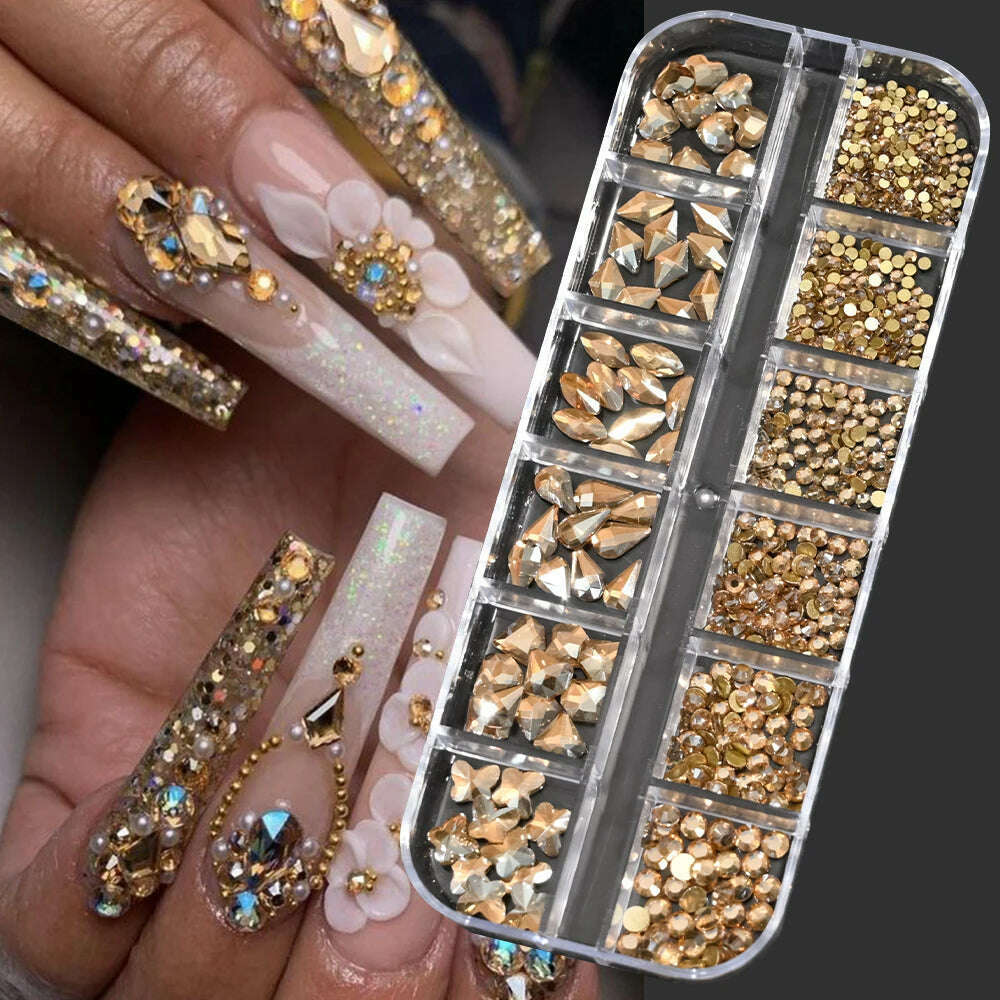 KIMLUD, 12Grids Pink Mixed Nail Rhinestones Luxury Nail Charms Glitter Crystal Jewelry Gems Nail Art Decoration Manicure Rhinestones R#Q, PH140-05, KIMLUD APPAREL - Womens Clothes