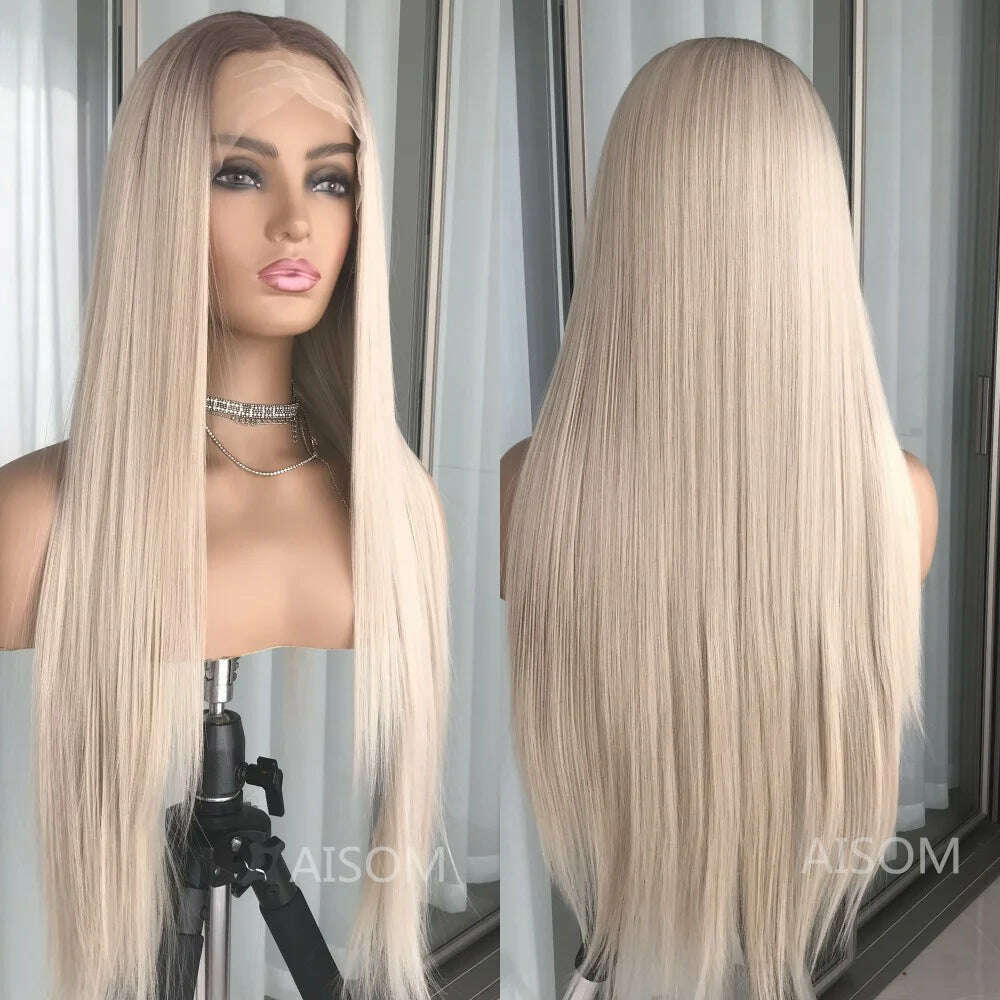 13x4 Lace Front Wig Highlight Brown Synthetic Lace Wigs for Women Pre Plucked 24 Inch Straight Lace Frontal Wigs Blonde Daily - KIMLUD