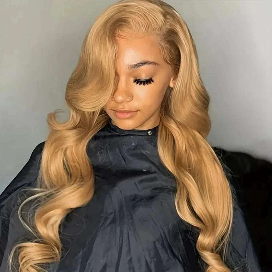 13x4 Transparent Honey Blonde Lace Front Wigs 27# Colored Straight Lace Front Human Hair Wigs 32 Inch Body Wave Human Hair Wigs - KIMLUD