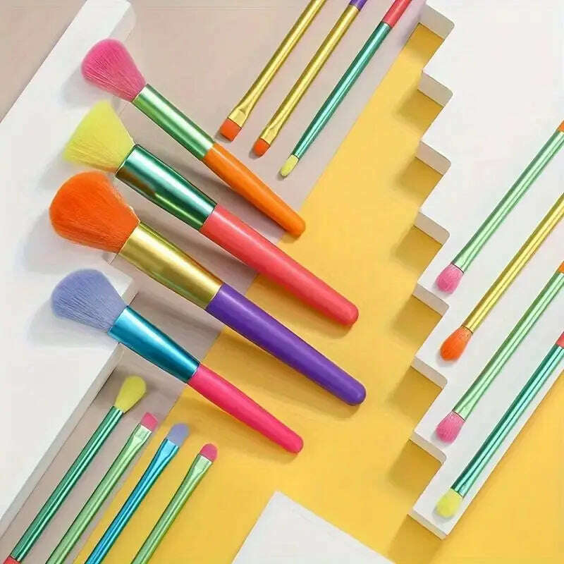 15 PCs Rainbow Color High Quality Makeup Brush Set - Perfect for Eyeshadow, Foundation, and Cosmetic Tools - KIMLUD