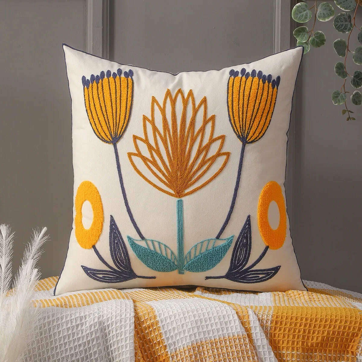 KIMLUD, 1Pc Decorative Pillowcase Flowers Embroidered Throw Pillow Covers Farmhouse Cotton Pillow Cushion Cases Home Decor, Orange / 450mm*450mm, KIMLUD APPAREL - Womens Clothes