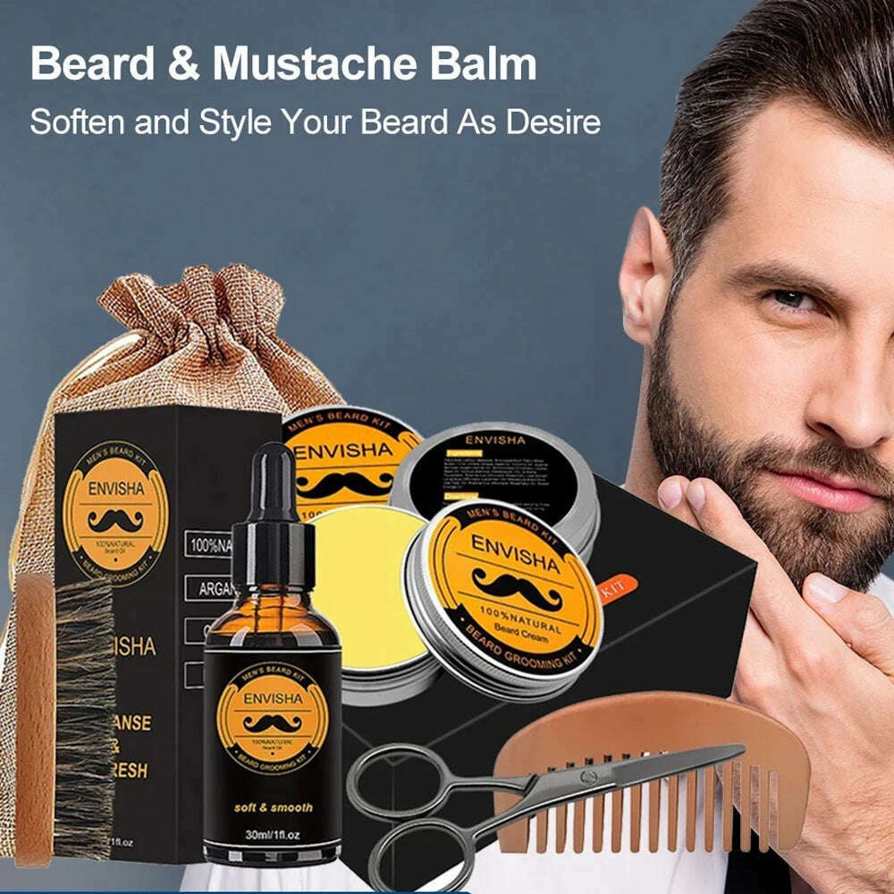 KIMLUD, 1Set Men Beard Grooming Kit Mustache Beard Hair Growth Oil Styling Tool Beard Essential Balm Comb Moisturize Wax Scissor, KIMLUD Womens Clothes