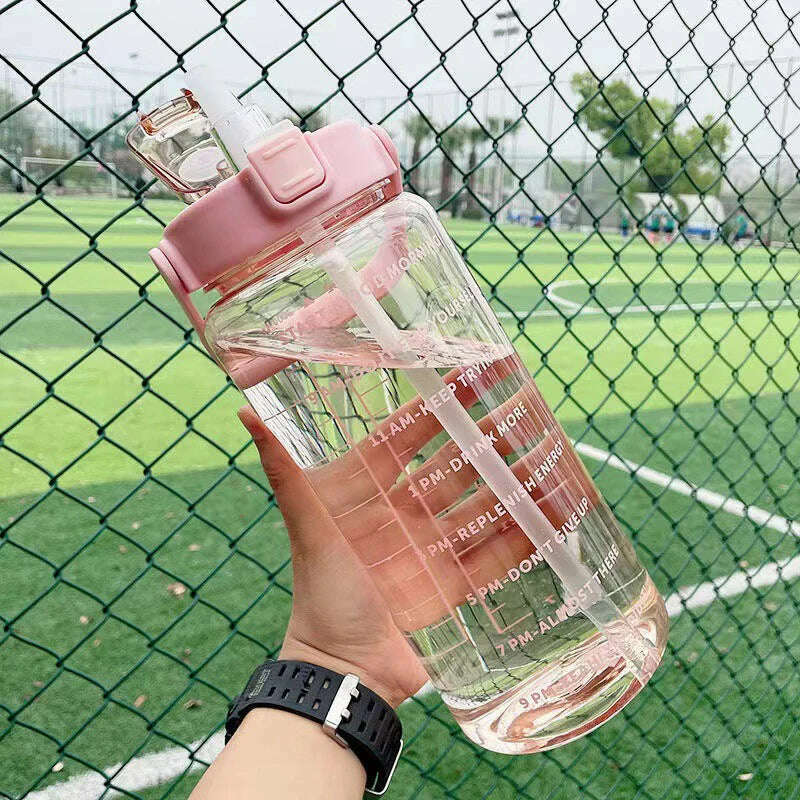 KIMLUD, 2 Liter Water Bottle with Straw Female Jug Girls Portable Travel bottles Fitness Bike Cup Summer Cold Water Jug with Time Marker, KIMLUD Womens Clothes