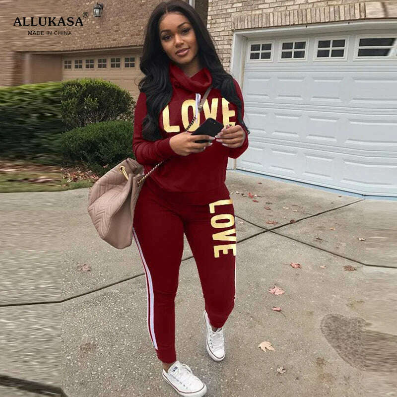 2 Piece Set Women Outfit LOVE Letter Print High Neck Hoodies Sweatshirt Pants Tracksuit 2022 Plus Size Streetwear Casual Suit - KIMLUD