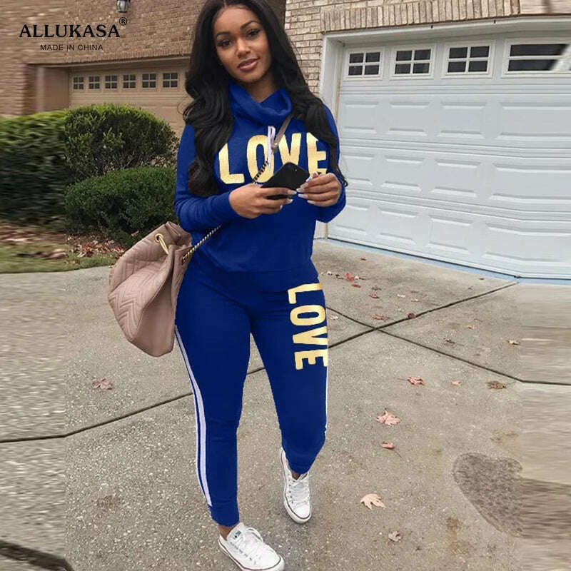 KIMLUD, 2 Piece Set Women Outfit LOVE Letter Print High Neck Hoodies Sweatshirt Pants Tracksuit 2022 Plus Size Streetwear Casual Suit, Blue / S, KIMLUD APPAREL - Womens Clothes