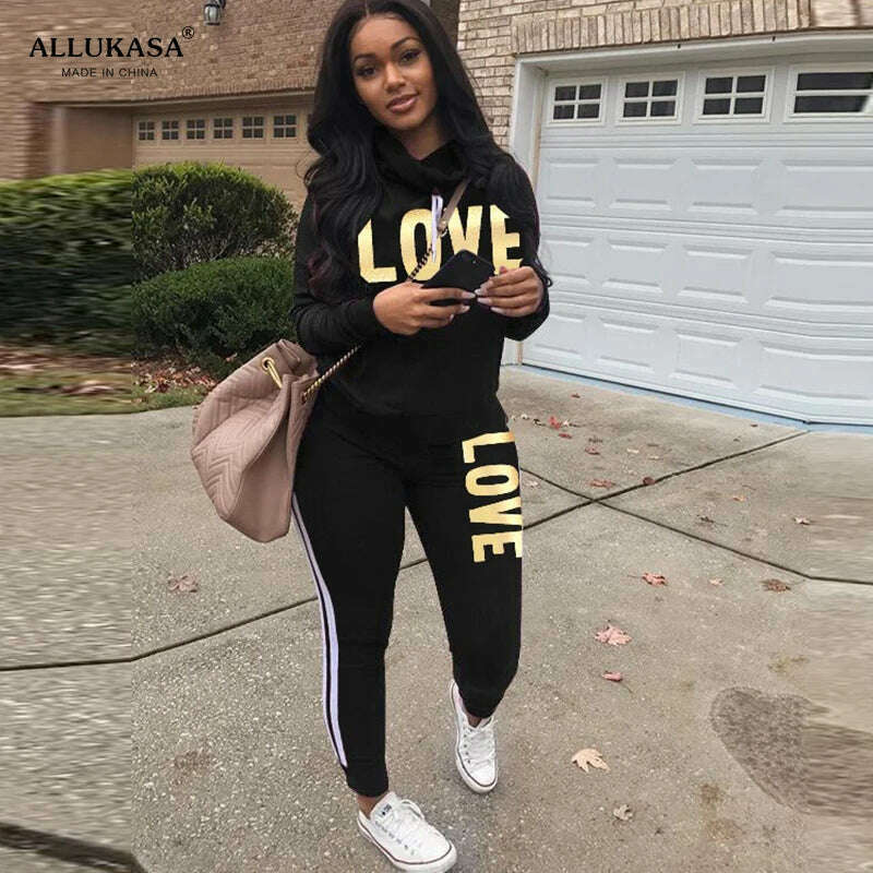 KIMLUD, 2 Piece Set Women Outfit LOVE Letter Print High Neck Hoodies Sweatshirt Pants Tracksuit 2022 Plus Size Streetwear Casual Suit, black / S, KIMLUD APPAREL - Womens Clothes