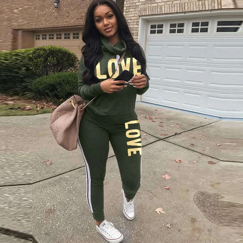 KIMLUD, 2 Piece Set Women Outfit LOVE Letter Print High Neck Hoodies Sweatshirt Pants Tracksuit 2022 Plus Size Streetwear Casual Suit, green / S, KIMLUD APPAREL - Womens Clothes