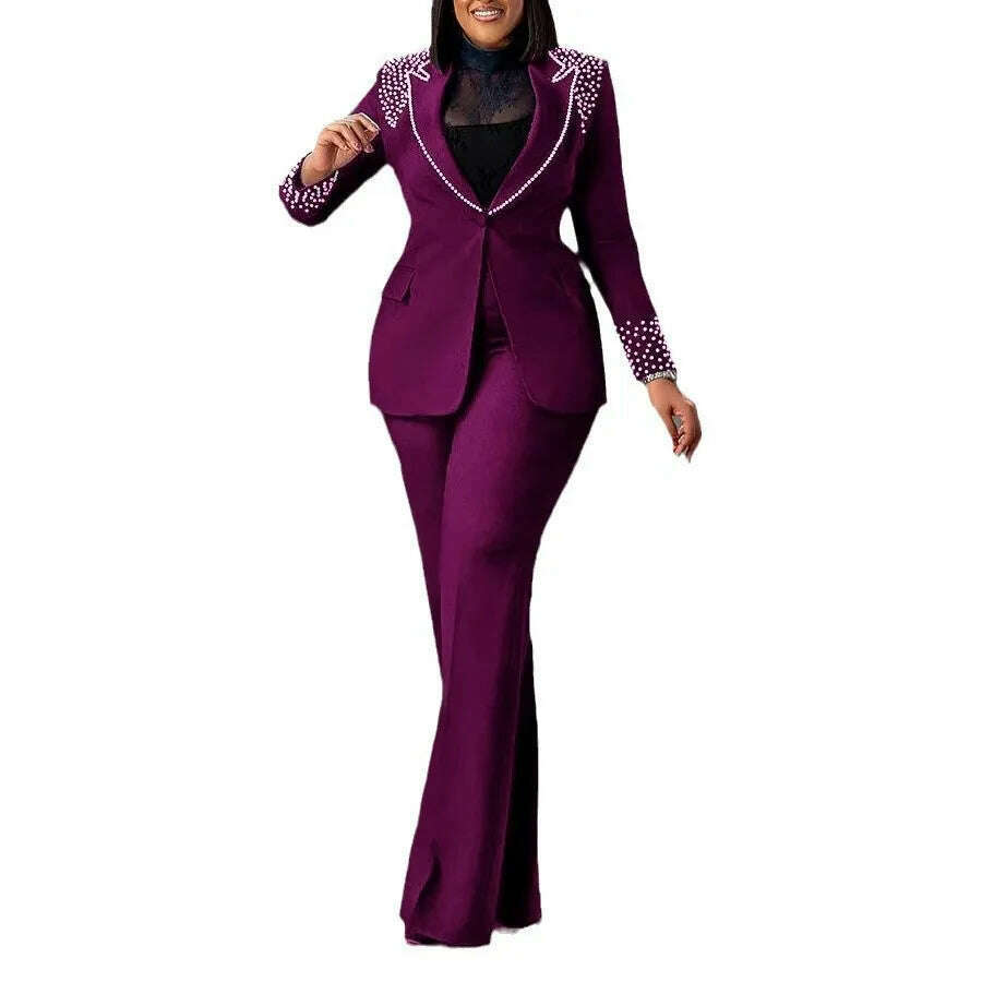 KIMLUD, 2 Piece Women Sets Plus Size Dashiki African New Arrival Matching Two Pieces Sets Blazer Coat Top Pants Suits Outfits Clothing, PURPLE / XL, KIMLUD APPAREL - Womens Clothes