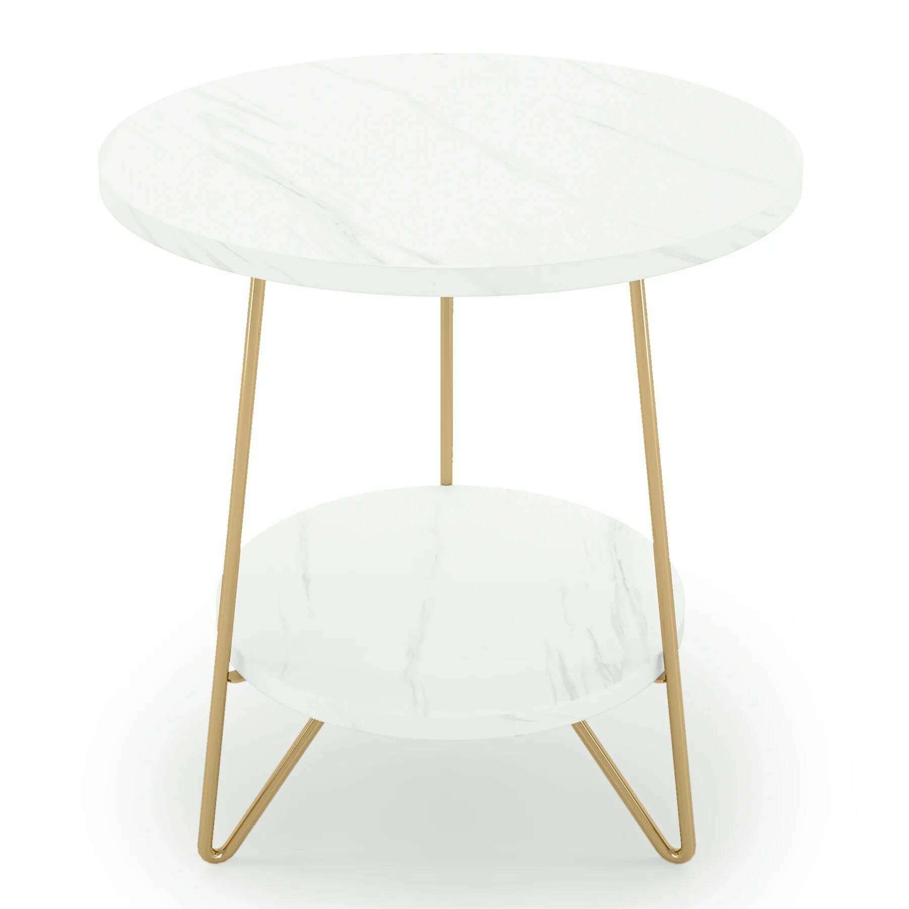 2 Tier Faux Marble End Table Round Side Table with Shelves Small Coffee Accent Table for Living Room, White and Gold - KIMLUD