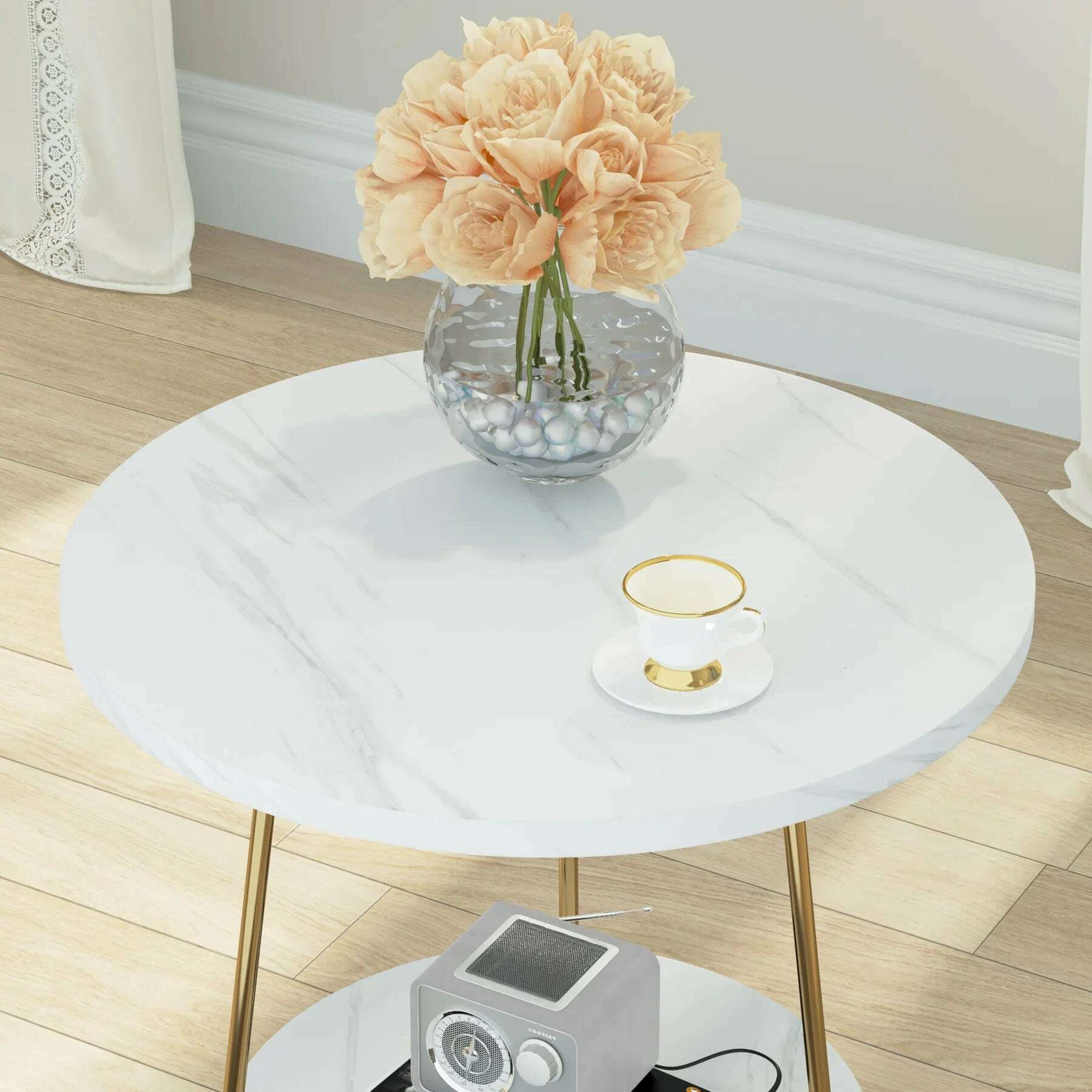 KIMLUD, 2 Tier Faux Marble End Table Round Side Table with Shelves Small Coffee Accent Table for Living Room, White and Gold, KIMLUD Womens Clothes