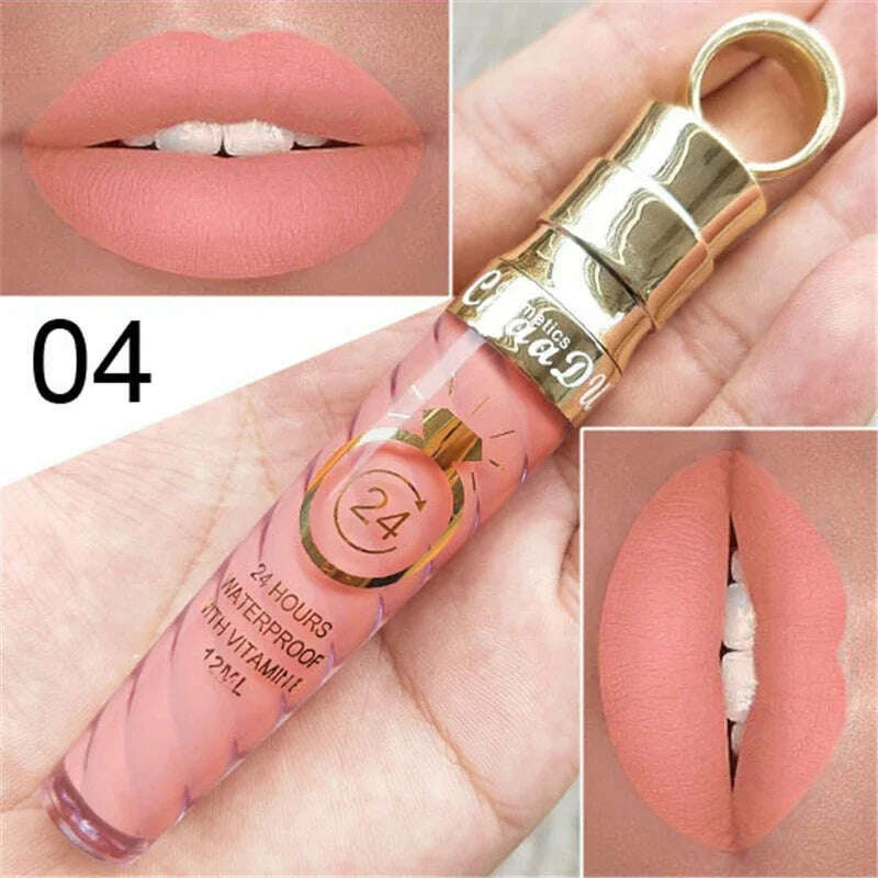 KIMLUD, 20 Colors Lipstick Waterproof Long Lasting Matte+Shimmer Mental Beauty Lip Gloss Nude Glitter Lip Gloss Beauty Red Lip Tint New, 04, KIMLUD Womens Clothes