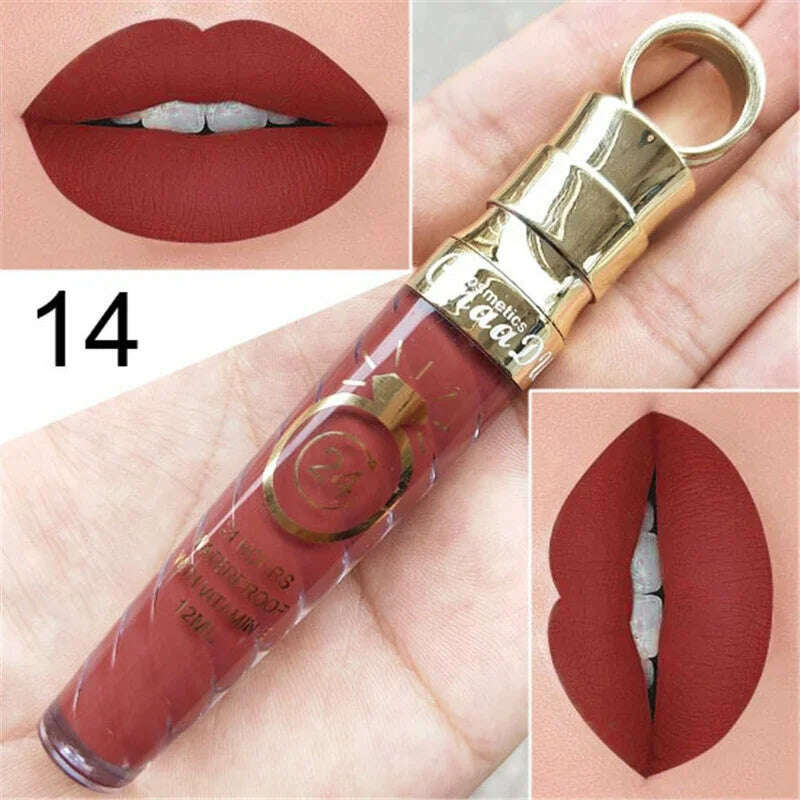 KIMLUD, 20 Colors Lipstick Waterproof Long Lasting Matte+Shimmer Mental Beauty Lip Gloss Nude Glitter Lip Gloss Beauty Red Lip Tint New, 14, KIMLUD Womens Clothes