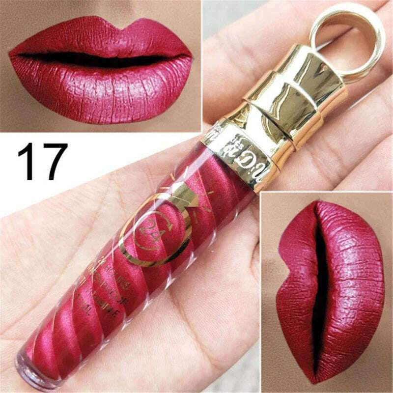 KIMLUD, 20 Colors Lipstick Waterproof Long Lasting Matte+Shimmer Mental Beauty Lip Gloss Nude Glitter Lip Gloss Beauty Red Lip Tint New, 17, KIMLUD Womens Clothes