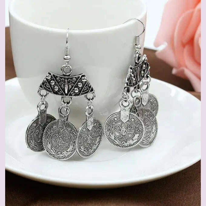 KIMLUD, 2016 New Fashion Ethnic Bohemian Gypsy Drop Earrings Sector Design Boho Indian Jewelry Long Big Pendant Ancient Coins Earrings, SILVER PLATED, KIMLUD APPAREL - Womens Clothes