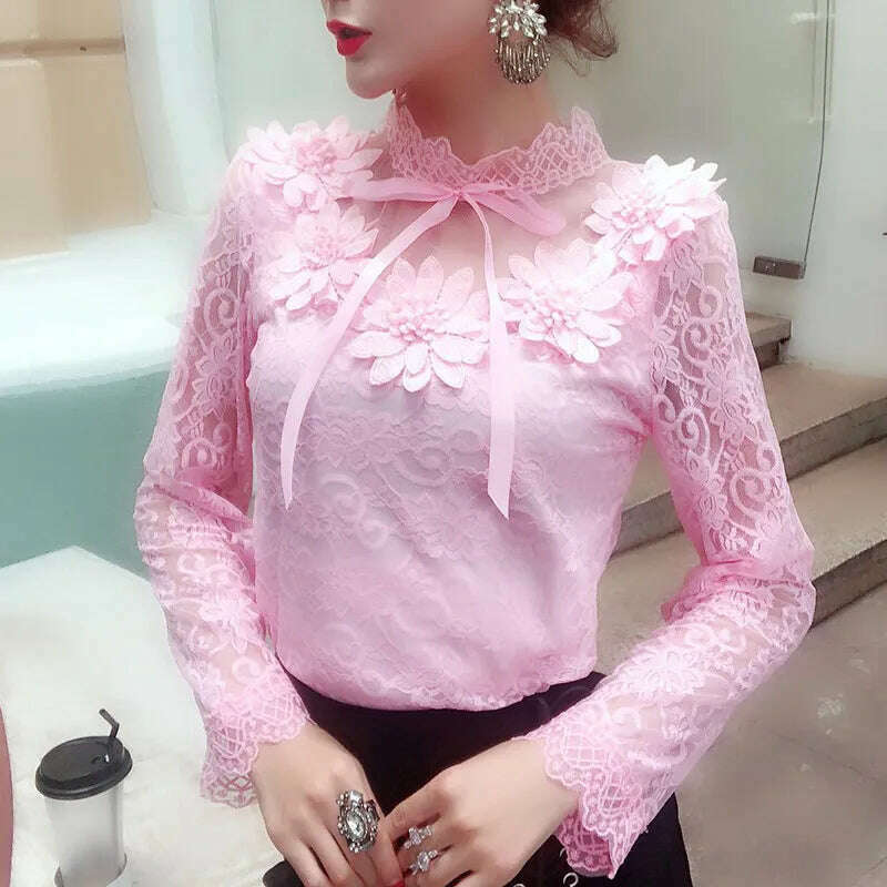 KIMLUD, 2018 Spring Autumn Women Long Sleeve Blouse Sweet Floral Hollow Lace Shirt Female Bow Mesh Blouses Short Bottoming Tops AB1138, Pink / M, KIMLUD Womens Clothes