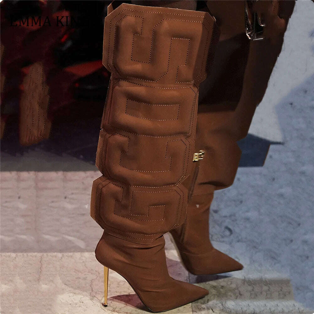 2021 Autumn Women Thigh High Boots Stretch Lycra Ladies Botas Mujer Unique Cube Letter Runway Shoes Iron Heels Botas Altas Mujer - KIMLUD