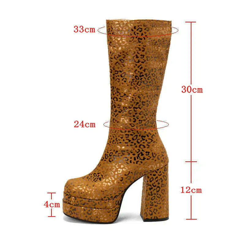 KIMLUD, 2022 Fashion Women Knee High Boots Flock Platform Chunky High Heel Punk Boots Square Toe Zipper Autumn Winter Ladies Shoes, KIMLUD Womens Clothes